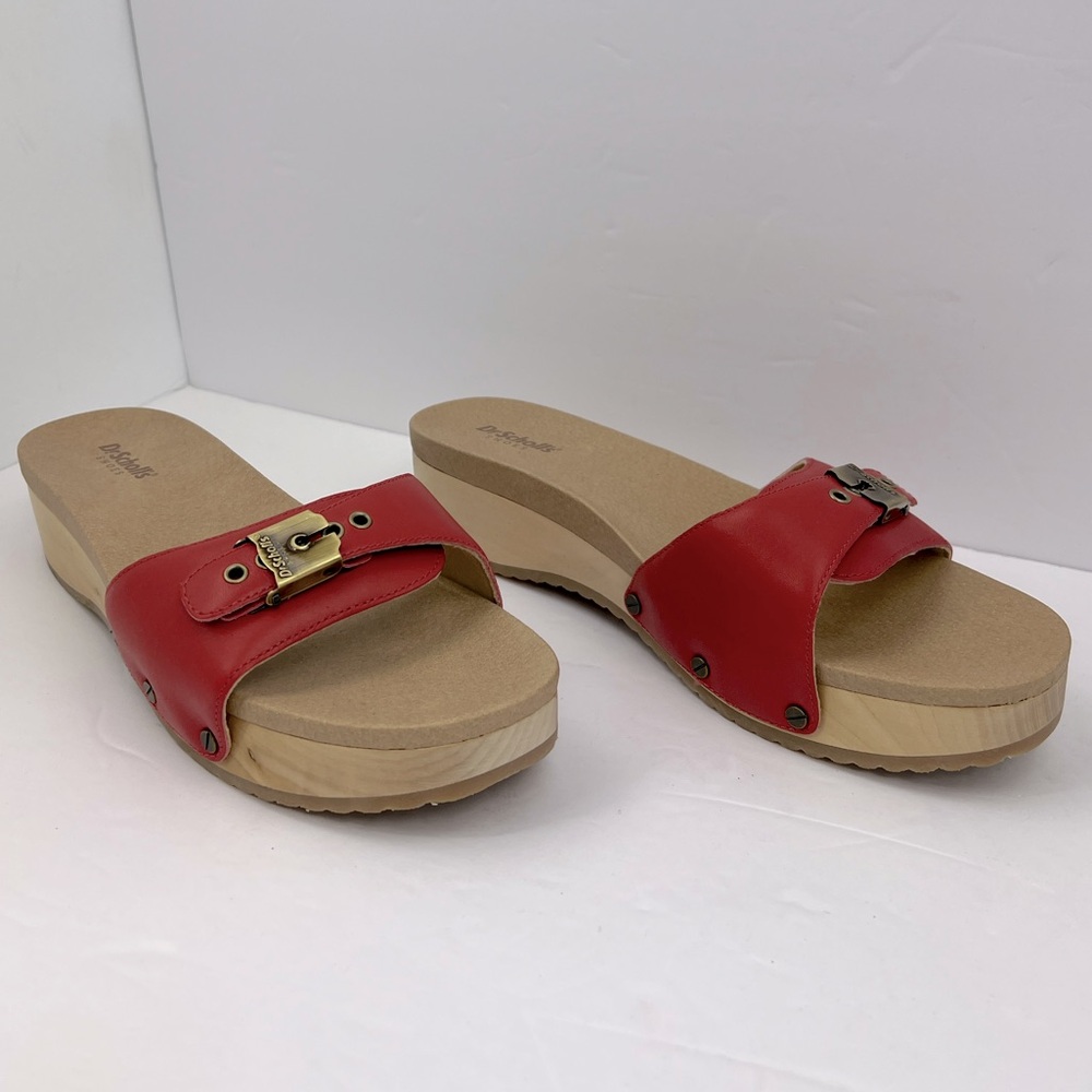 Dr Scholl’s SHOES, RED LEATHER TOP, ADJUSTABLE TOP STRAP, WOODEN SOLE, SIZE 10M - Picture 5 of 16